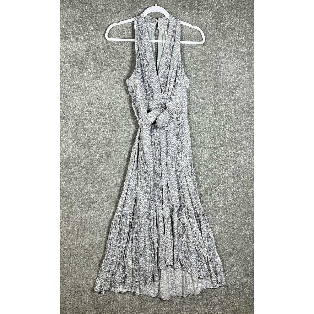 By Anthropologie Marfa Snakeskin Crossover Midi Dress Womens Size 2 Gray Pockets
